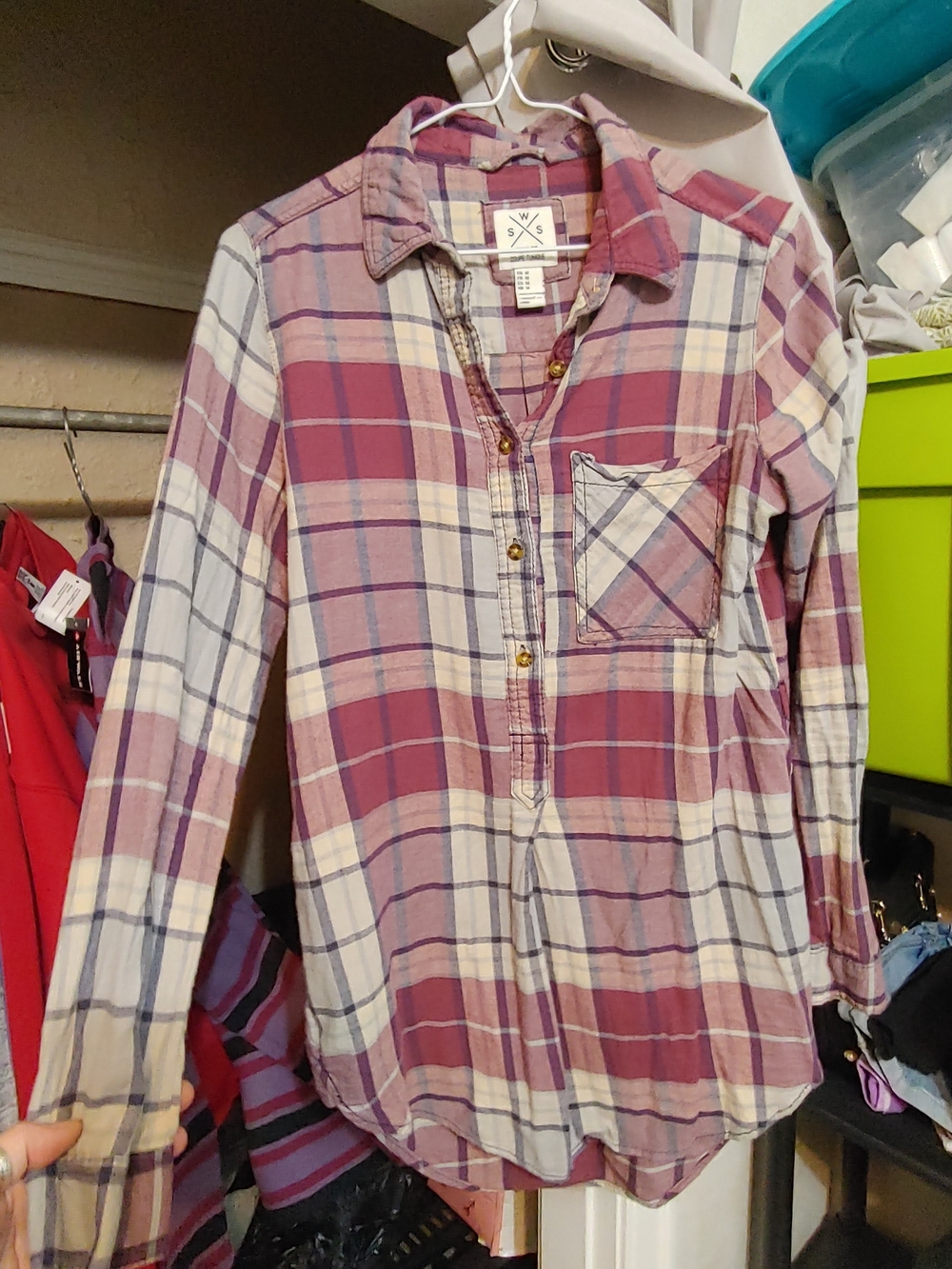 Relaxed Pink-Red And Cream Plaid Button-Down Shirt with Chest Pocket